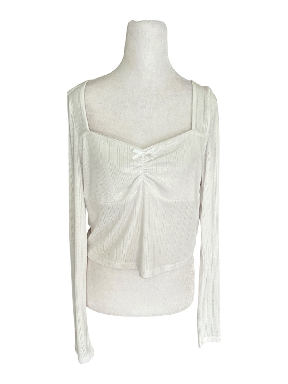 Ardene Pointelle Knit Long Sleeve Top Size XL White Ribbed Cinch Front Bow Y2K